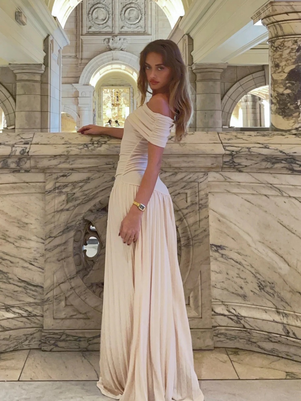 Lioness Off-Shoulder Pleated Maxi Dress in Cream